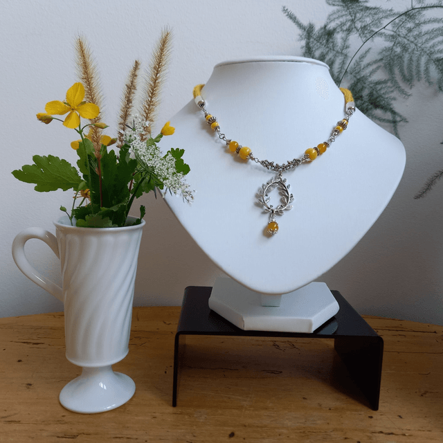 Parure jaune et argenté - Collier ras de cou Feuillages
