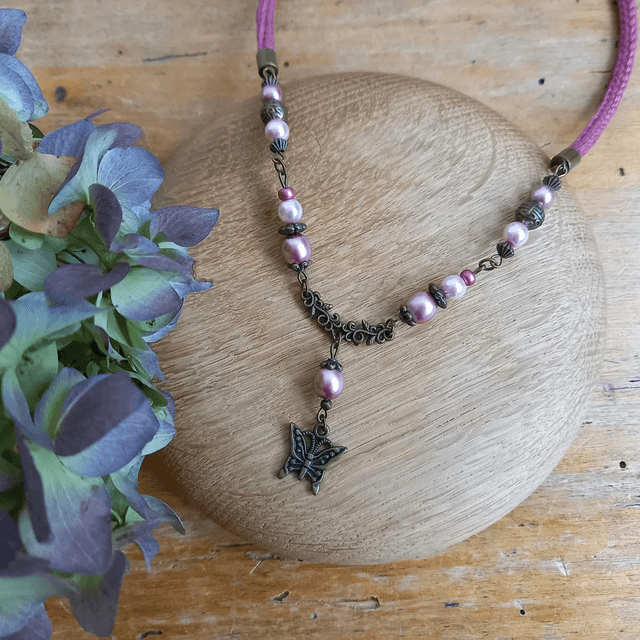 Parure bois de rose et bronze - Collier ras de cou Papillon