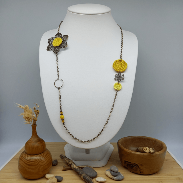 Parure jaune et bronze - Sautoir Fleur
