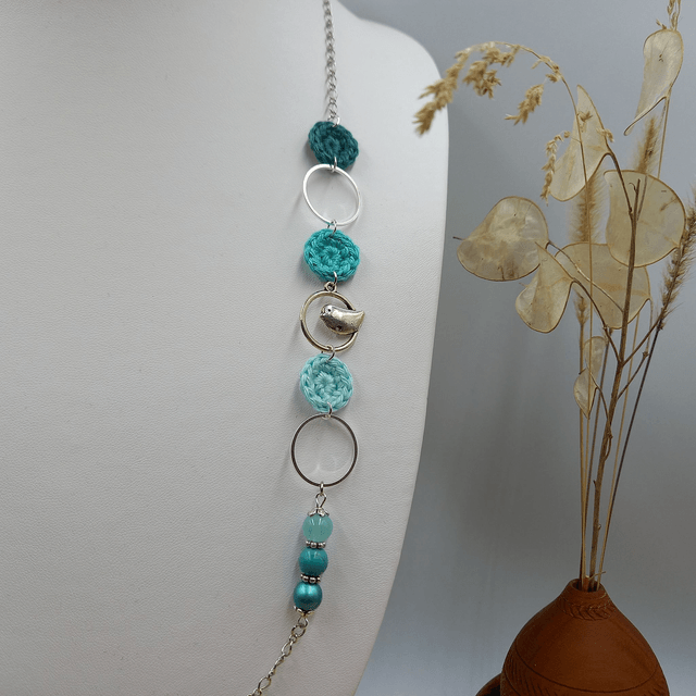 Parure turquoise et argenté - Sautoir L'arbre et l'oiseau