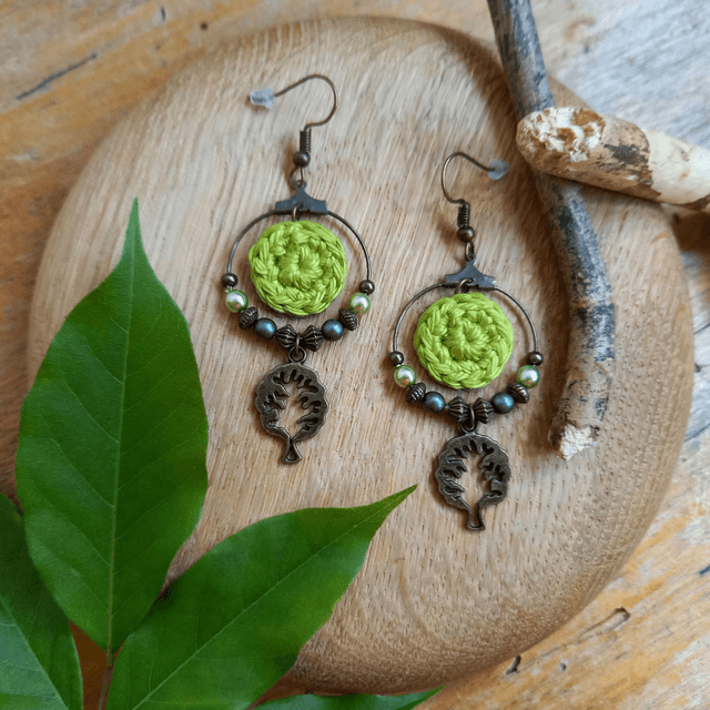 Parure vert anis et bronze - Boucles d'oreille type créoles Arbre de vie
