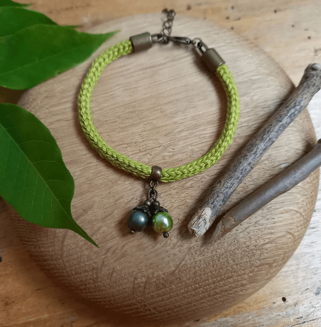 Parure vert anis et bronze - Bracelet tricoté