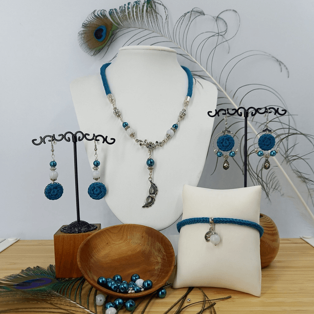 Parure bleu canard et argentée - Boucles d'oreilles créoles bleu canard et argentées