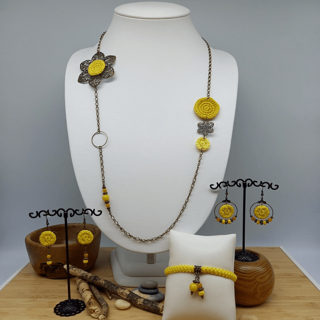 Parure jaune et bronze - Boucles d'oreille jaune créoles