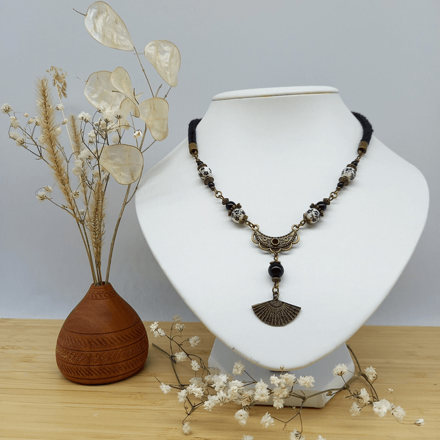 Parure noir et bronze - Collier ras de cou Eventail