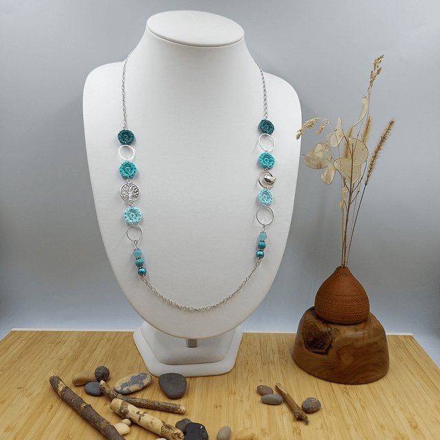Parure turquoise et argenté - Sautoir L'arbre et l'oiseau