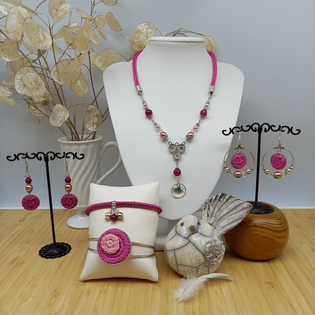 Parure rose et argentée - Collier ras de cou Gingko