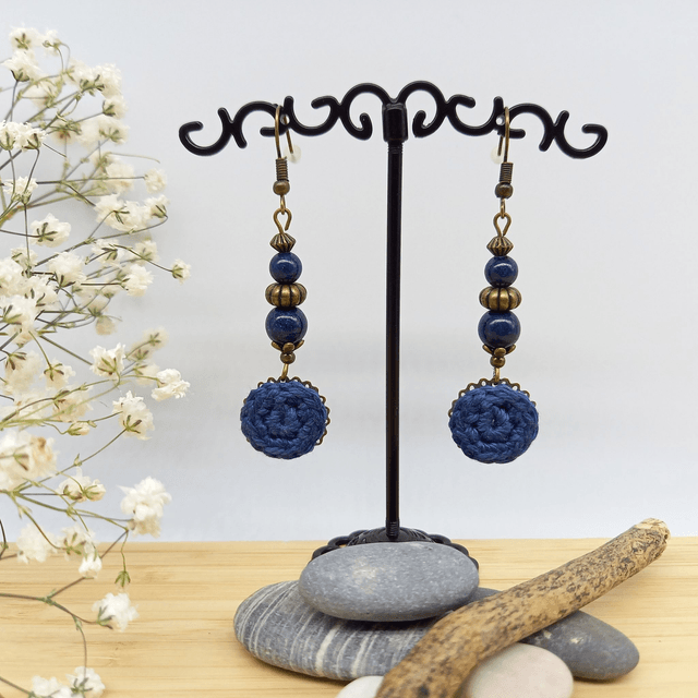 Parure bleu marine et bronze - Boucles d'oreille pendantes