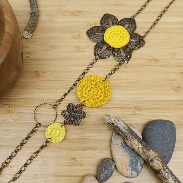 Parure jaune et bronze - Sautoir Fleur