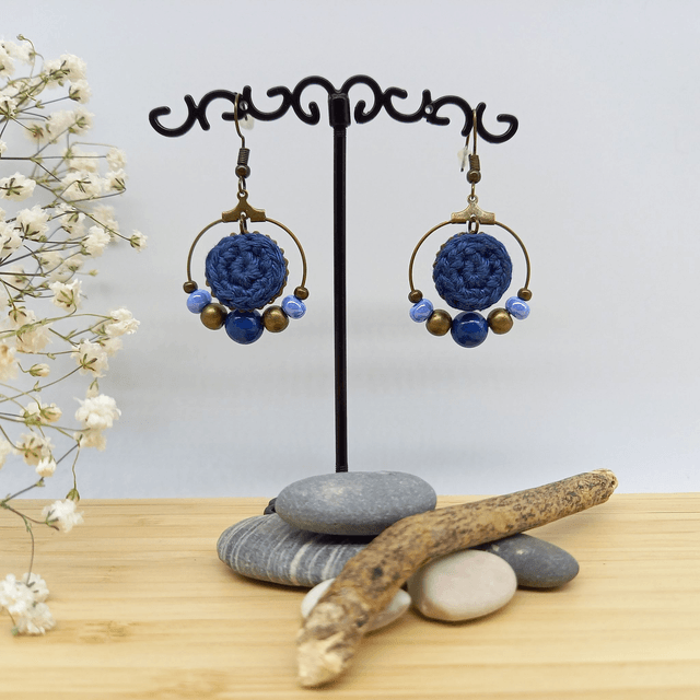 Parure bleu marine et bronze - Boucles d'oreille type créoles