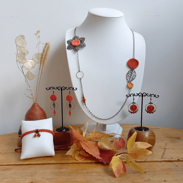Parure orange et bronze 2 - Boucles d'oreille orange foncé longues