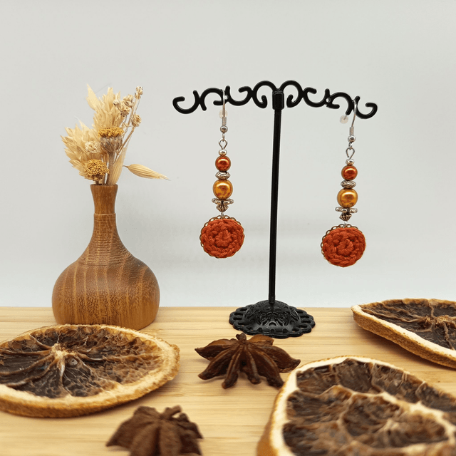 Parure orange foncé et argenté - Boucles d'oreille orange foncé et argenté pendantes