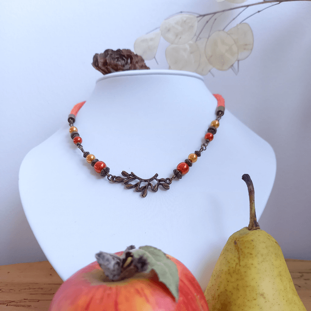 Parure orange et bronze - Collier ras de cou orange -  Feuillage