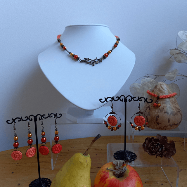 Parure orange et bronze - Bracelet tricoté orange clair