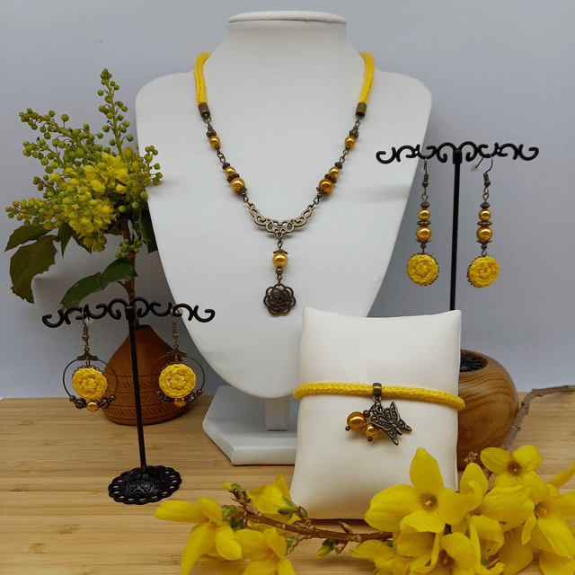 Parure jaune et bronze - Boucles d'oreille jaune pendantes