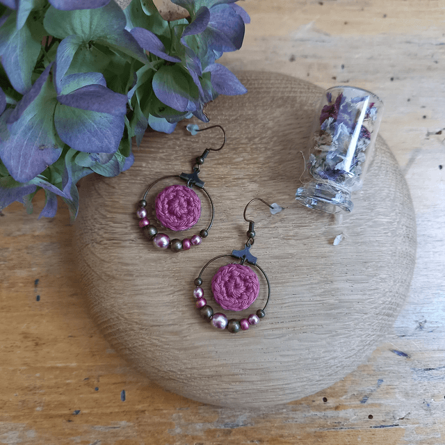 Parure bois de rose et bronze - Boucles d'oreille bois de rose type créoles