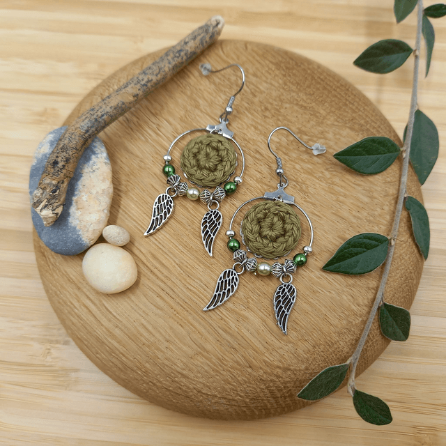Parure kaki clair et argentée - Boucles d'oreille kaki clair type créoles