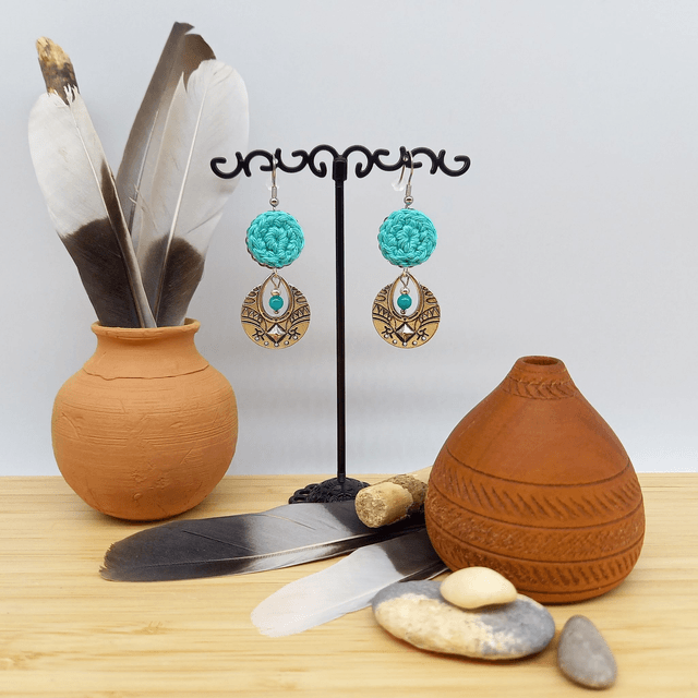 Boucles d'oreille vert d'eau et argenté - Collection Ethnique