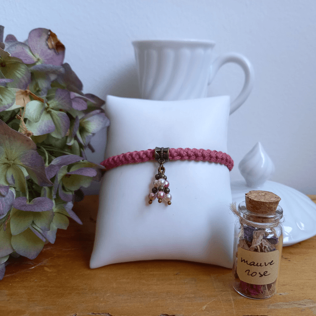 Parure bois de rose et bronze - Bracelet crocheté bois de rose