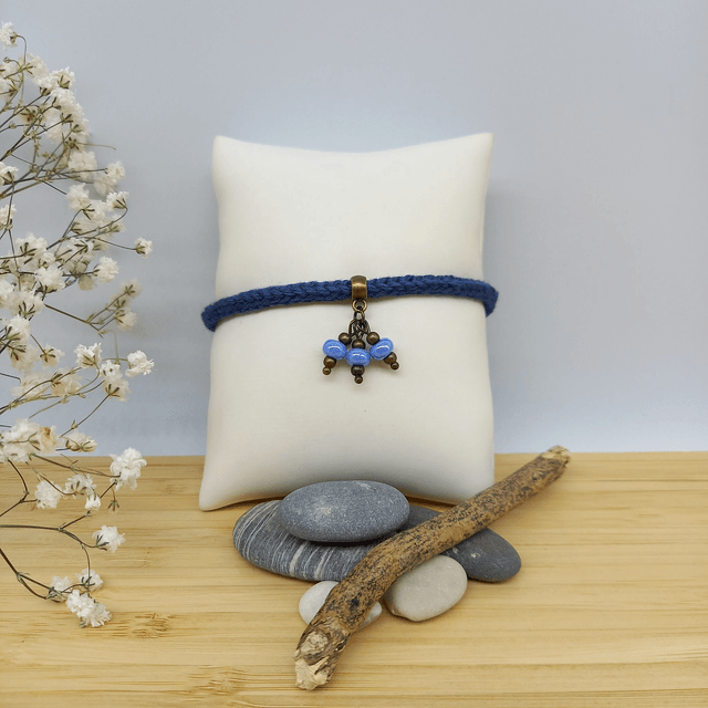 Parure bleu marine et bronze - Bracelet tricoté