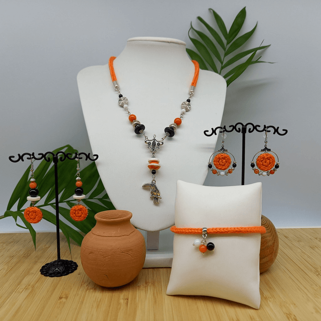 Parure orange et argentée - Bracelet tricoté orange et argenté