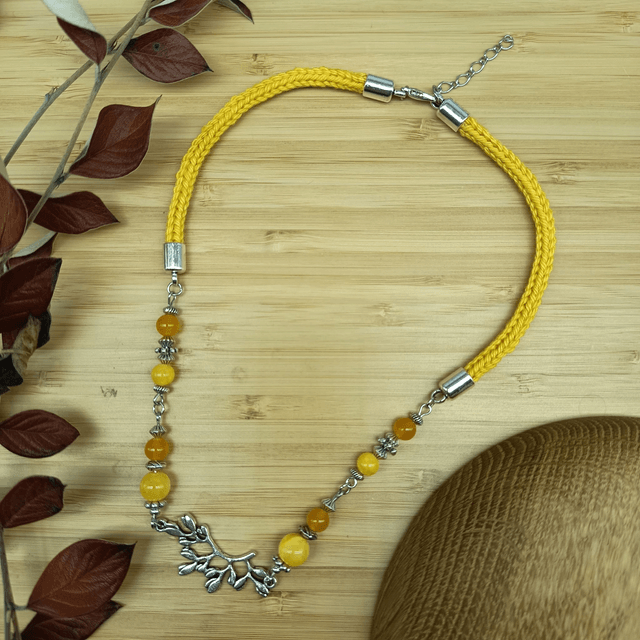 Parure jaune et argenté 2 - Collier ras de cou jaune - Feuillage