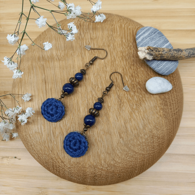 Parure bleu marine et bronze - Boucles d'oreille pendantes