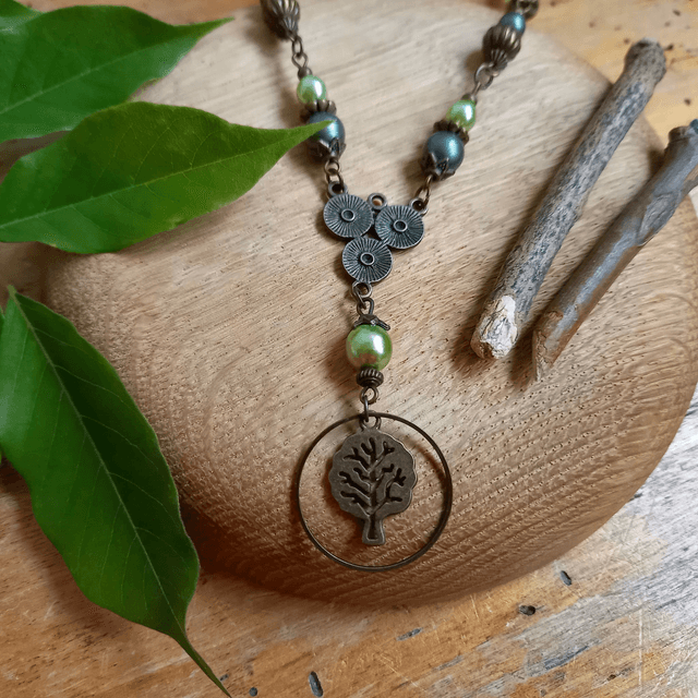 Parure vert anis et bronze - Collier ras de cou Arbre de vie