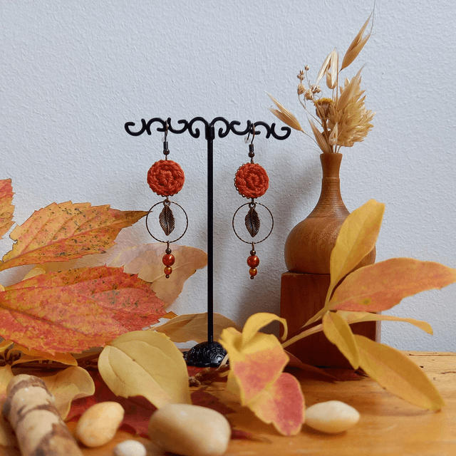 Parure orange et bronze 2 - Boucles d'oreille orange foncé longues