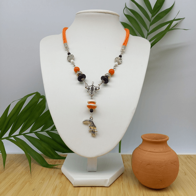 Parure orange et argentée - Collier ras de cou Toucan