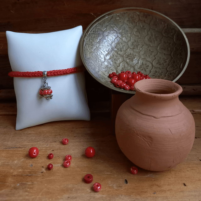 Parure rouge et argenté - Bracelet tricoté rouge