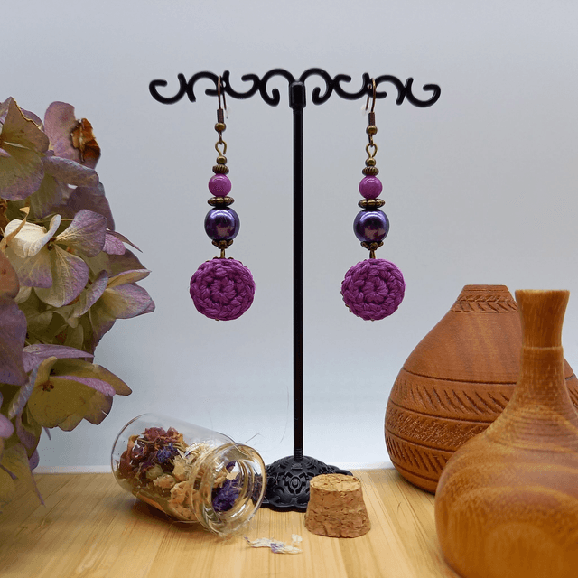 Parure violette et bronze - Boucles d'oreille violettes pendantes