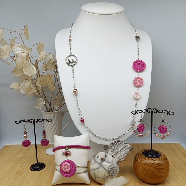 Parure rose et argentée - Sautoir Naissance d'une fleur
