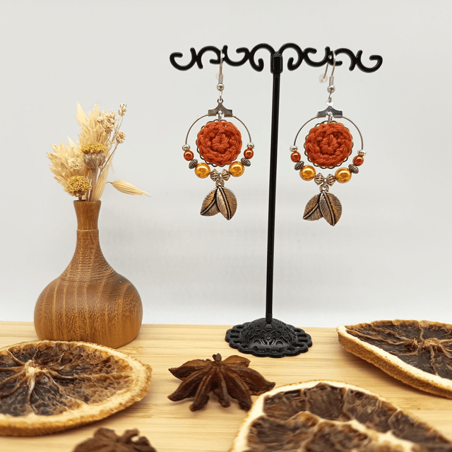 Parure orange foncé et argenté - Boucles d'oreille orange foncé type créoles