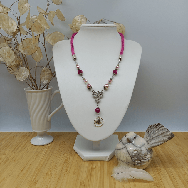 Parure rose et argentée - Collier ras de cou Gingko