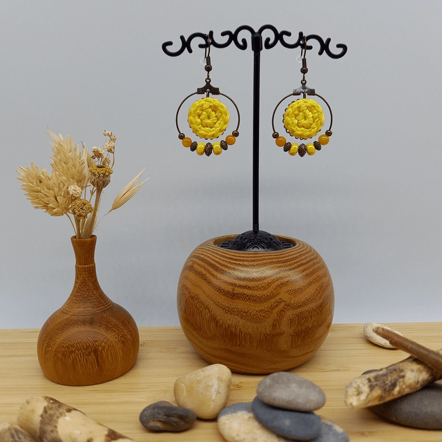Parure jaune et bronze - Boucles d'oreille jaune créoles