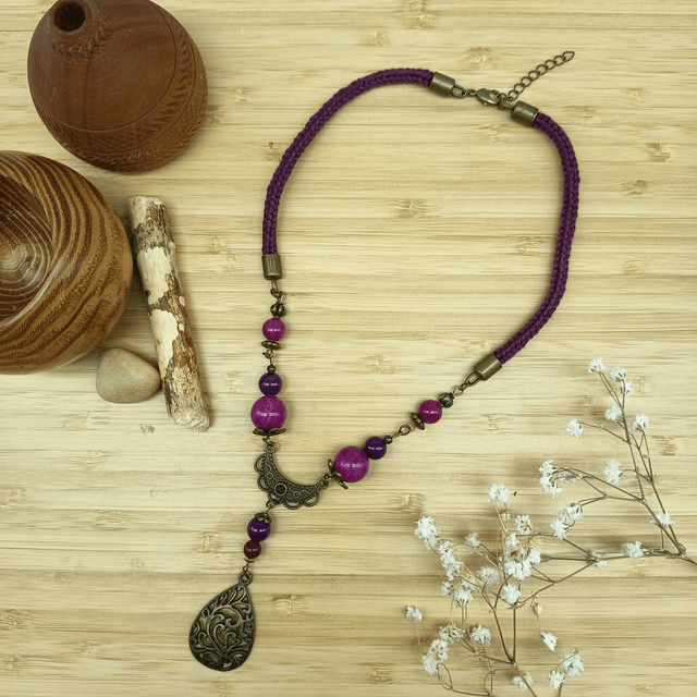 Parure aubergine et bronze - Collier ras de cou Goutte