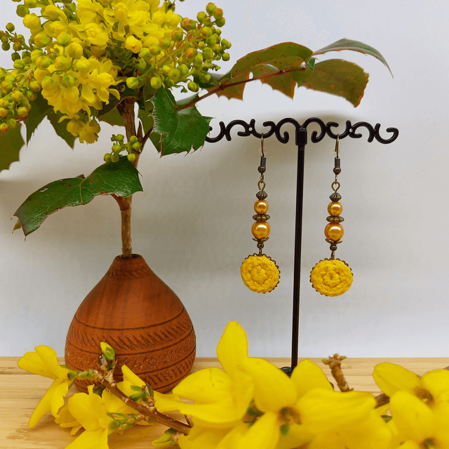 Parure jaune et bronze - Boucles d'oreille jaune pendantes
