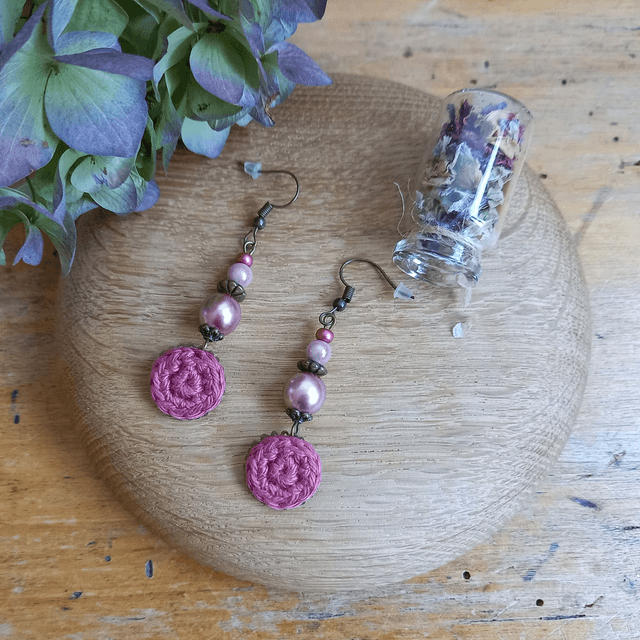 Parure bois de rose et bronze - Boucles d'oreille bois de rose pendantes