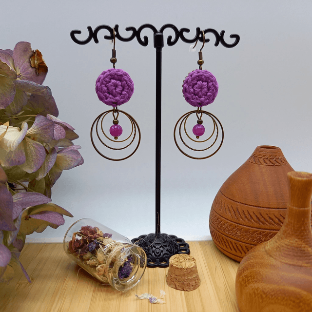 Parure violette et bronze - Boucles d'oreille violettes 3 anneaux