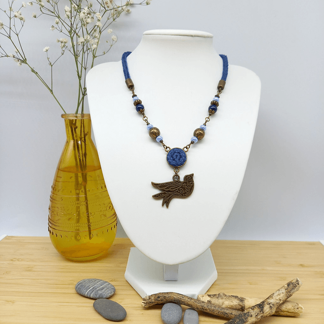 Parure bleu marine et bronze - Collier ras de cou Oiseau