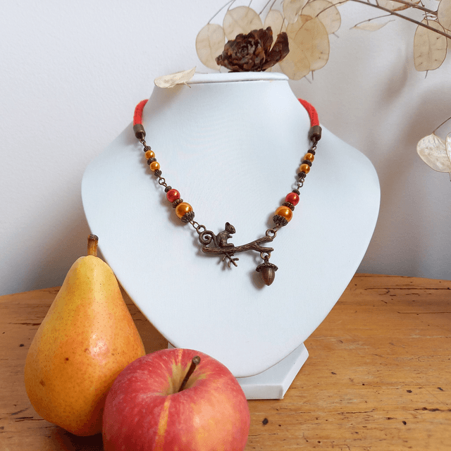 Parure orange et bronze - Collier ras de cou Ecureuil orange foncé