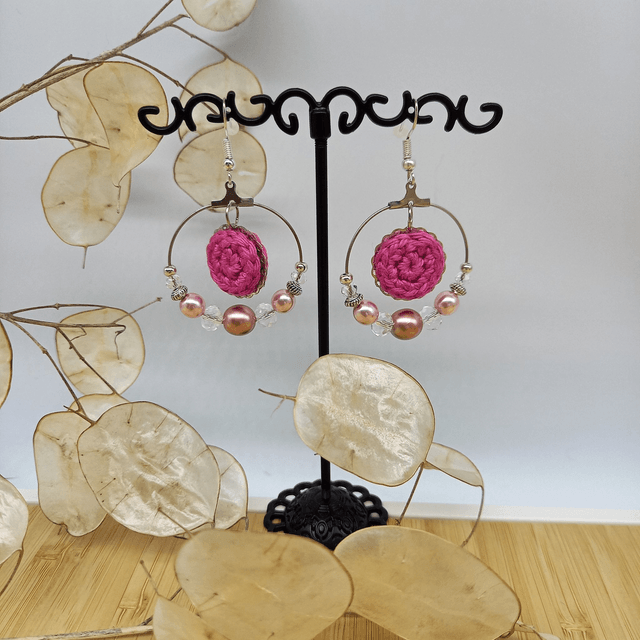 Parure rose et argentée - Boucles d'oreille roses et argentées type créoles