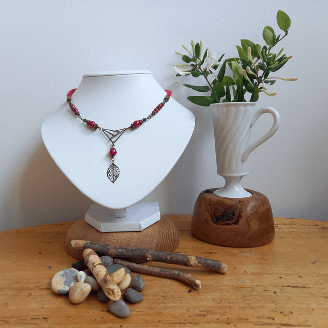 Parure rouge et bronze - Collier ras de cou Feuille