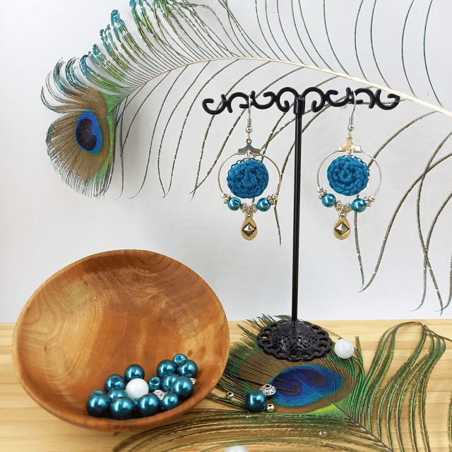 Parure bleu canard et argentée - Boucles d'oreilles créoles bleu canard et argentées