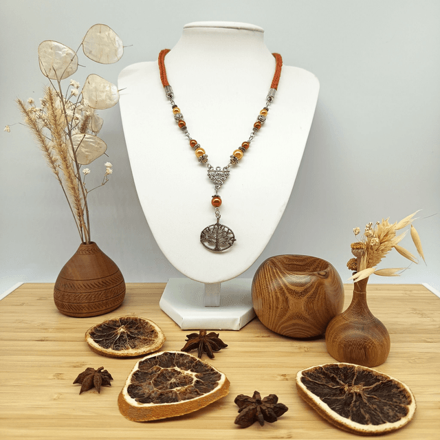 Parure orange foncé et argenté - Collier ras de cou Arbre de vie