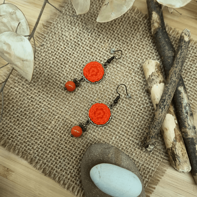 Parure orange et bronze 3 - Boucles d&#039;oreille orange type clochettes