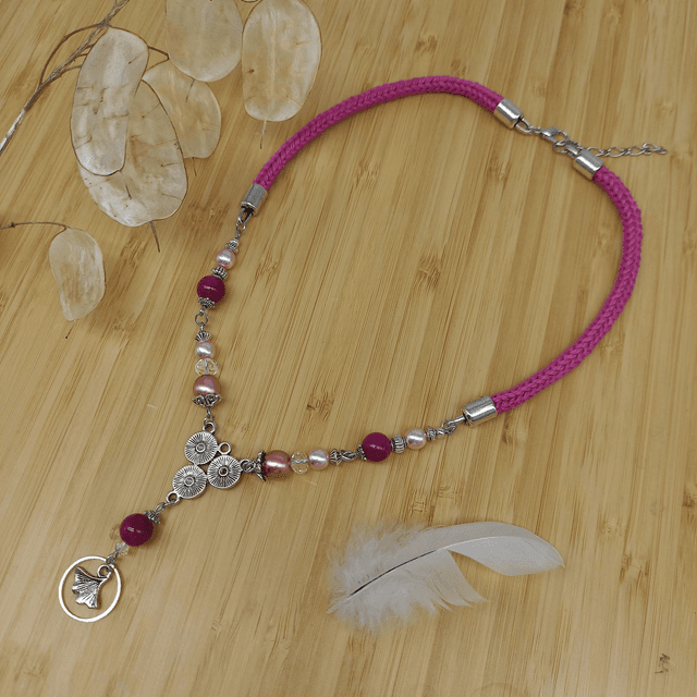Parure rose et argentée - Collier ras de cou Gingko
