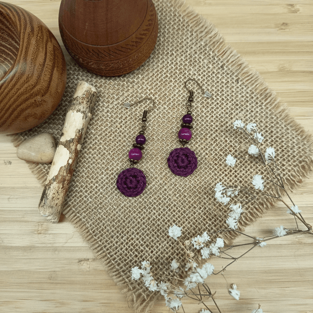 Parure aubergine et bronze - Boucles d&#039;oreille aubergine pendantes