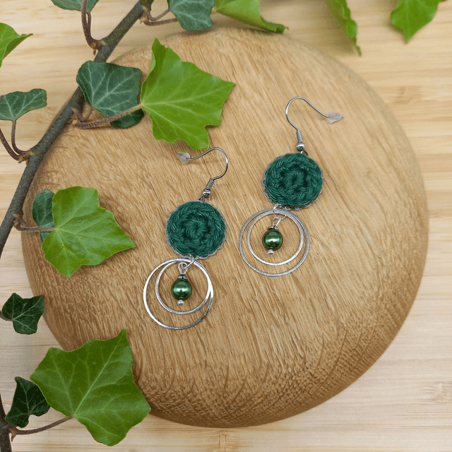 Parure verte et argentée - Boucles d&#039;oreille vert foncé 2 anneaux